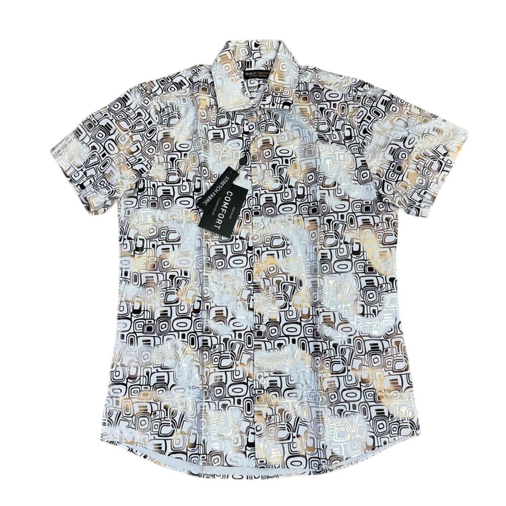 Suslo Couture Men's Geometric Button Up Shirt Stretch Comfort Size M NWT